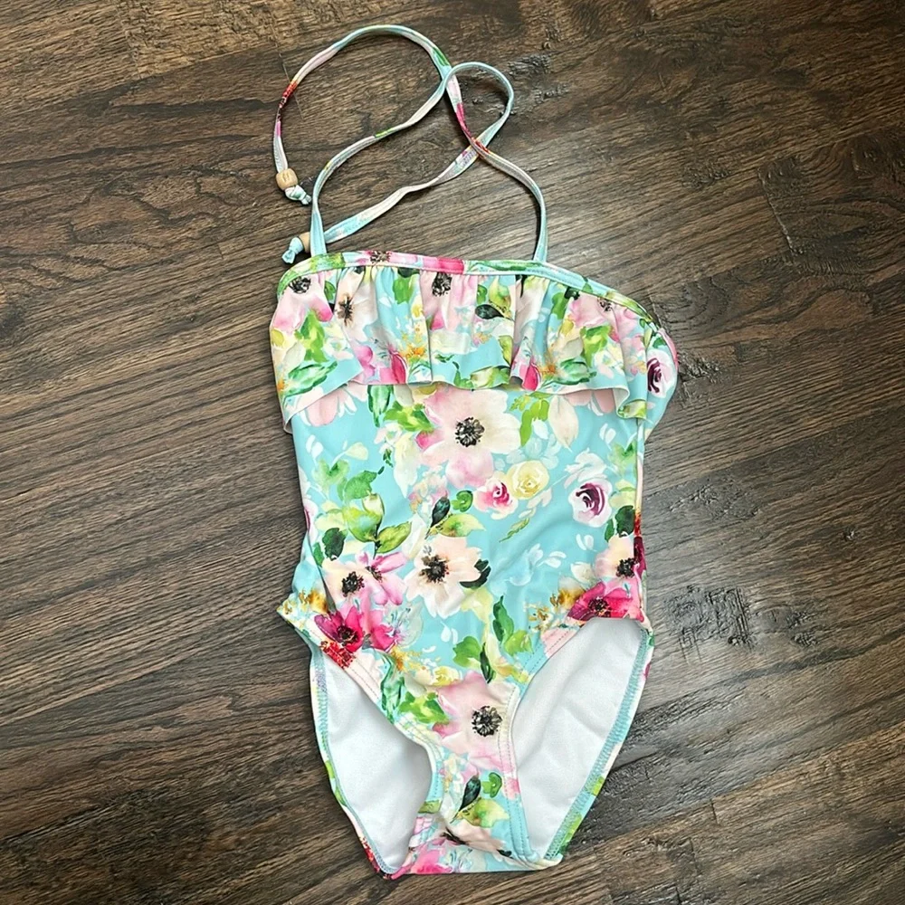 Snapper Rock Watercolor Floral Frill One-Piece Halter Swimsuit (Size 3T)